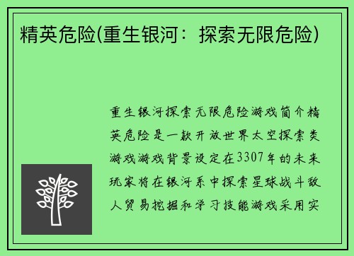 精英危险(重生银河:探索无限危险)